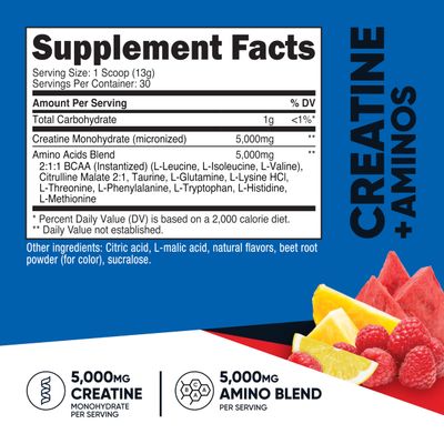 Nutricost Creatine Aminos 30 Servings Fruit Punch Flavored - 5,000mg Creatine Monohydrate 5000mg Amino BCAA Blend Per Serving