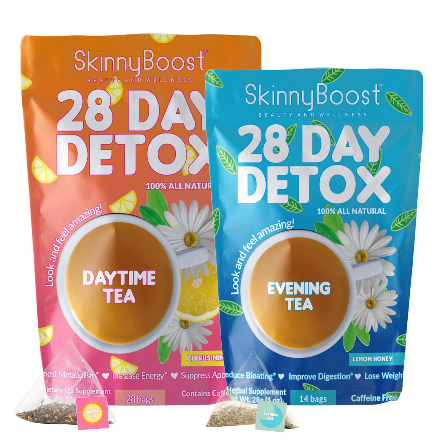 SkinnyBoost 28 Day Detox Tea Kit - Natural Cleansing Bloating Support - 28 Daytime Tea Bags 14 Evening Tea Bags - Green Tea Herbal Blend - Non-GMO, Vegan, Keto-Friendly, Sugar-Free