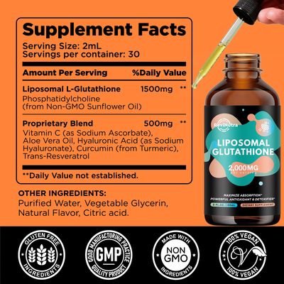 Liposomal Glutathione Supplement - 2000mg Glutathione Liquid Drops with Vitamin C, Curcumin Trans-Resveratrol - Powerful Antioxidant for Immune, Skin Health, Aging Defense Liver Detox - 2 Fl Oz