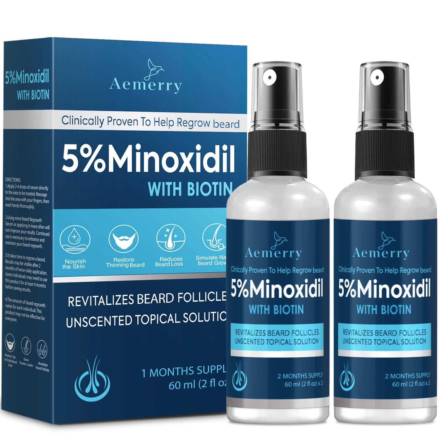 5 Minoxidil Beard Growth Serum, Beard Growth Kit, 5 Minoxidil for Men Beard Growth Spray with Boitin, Extra Strength, Increase Thickness and Volume Faster, 2 PCS 2 FL OZ60mL