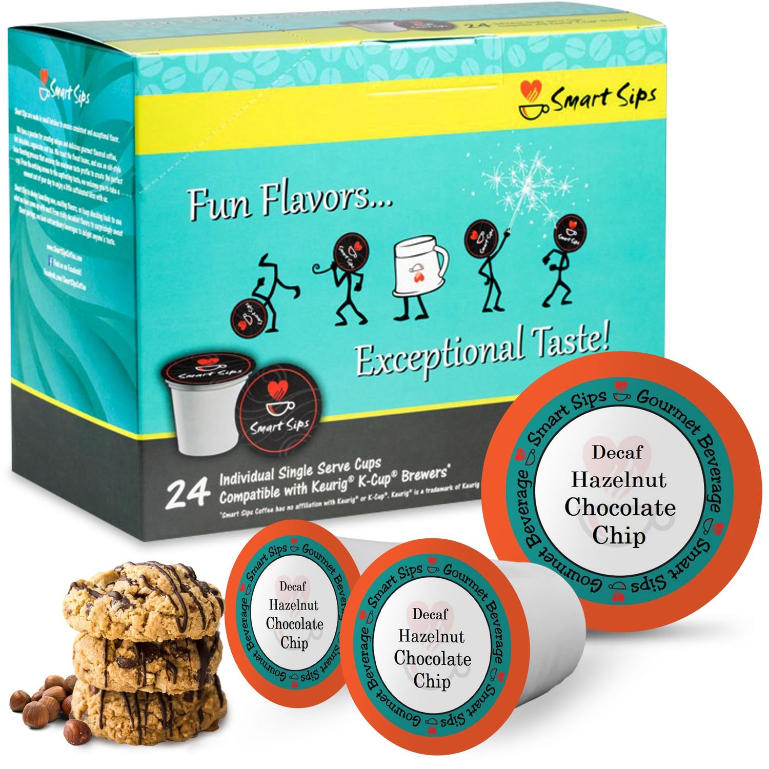 Smart Sips, Decaf Hazelnut Chocolate Chip Coffee, Medium Roast, Decaffeinated Gourmet Flavored Coffee Single Serve Pods for Keurig K-Cup Brewers, 24 Count