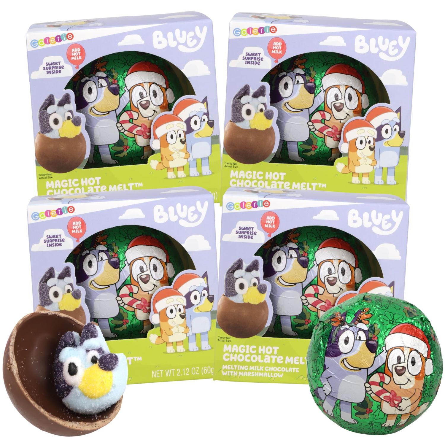 Galerie Christmas Bluey Hot Chocolate Balls with Marshmallow Inside, Holiday Drink Cocoa Melts, Stocking Stuffer Gifts, 2.12 Ounces Each Pack of 4