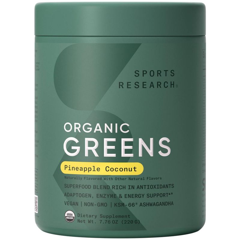 Sports Research Organic Greens Superfood Powder w/Spirulina &amp; Chlorella, Adaptogens, Enzymes, Probiotics &amp; 8 VIT Bs for Gut &amp; Mood Support - Vegan, Sugar-Free &amp; Low-Cal Pineapple Coconut 20