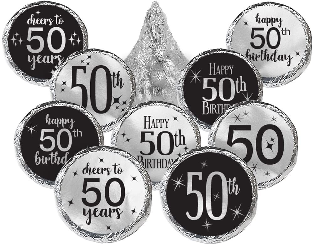 Black and Silver 50th Birthday Party Favor Chocolate Kisses Candy Stickers - Shiny Foil - 180 Labels