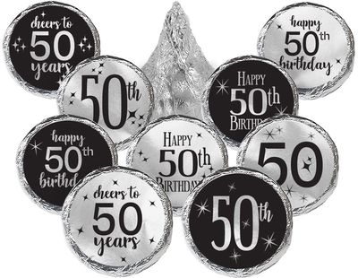 Black and Silver 50th Birthday Party Favor Chocolate Kisses Candy Stickers - Shiny Foil - 180 Labels