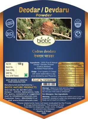 Veena Biotic Deodar Powder Cedrus Deodara Devadaru Powder - 200 gm Pack of 2