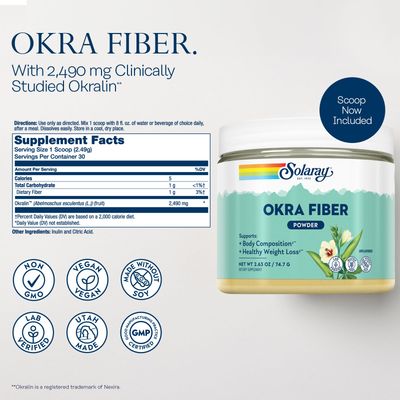 SOLARAY Okra Fiber Powder - Digestion Supplement - Supports Body Composition and Healthy Digestion - Helps Reduce Fat and Calorie Absorption - Unflavored, Gluten Free, Vegan - 30 Servings, 2.63oz