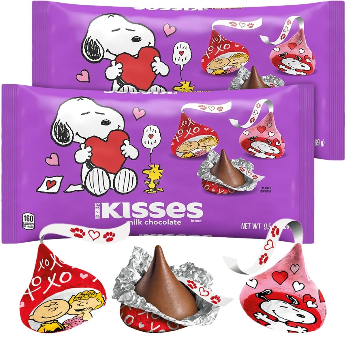 Valentine s Day HERSHEY S KISSES Milk Chocolate Snoopy Friends Candy - Delicious Melt-in-Your-Mouth Special Snoopy and Friends Foil Design Kisses Candy for Heartfelt Romantic Gift - 9.5oz, 2 Pack