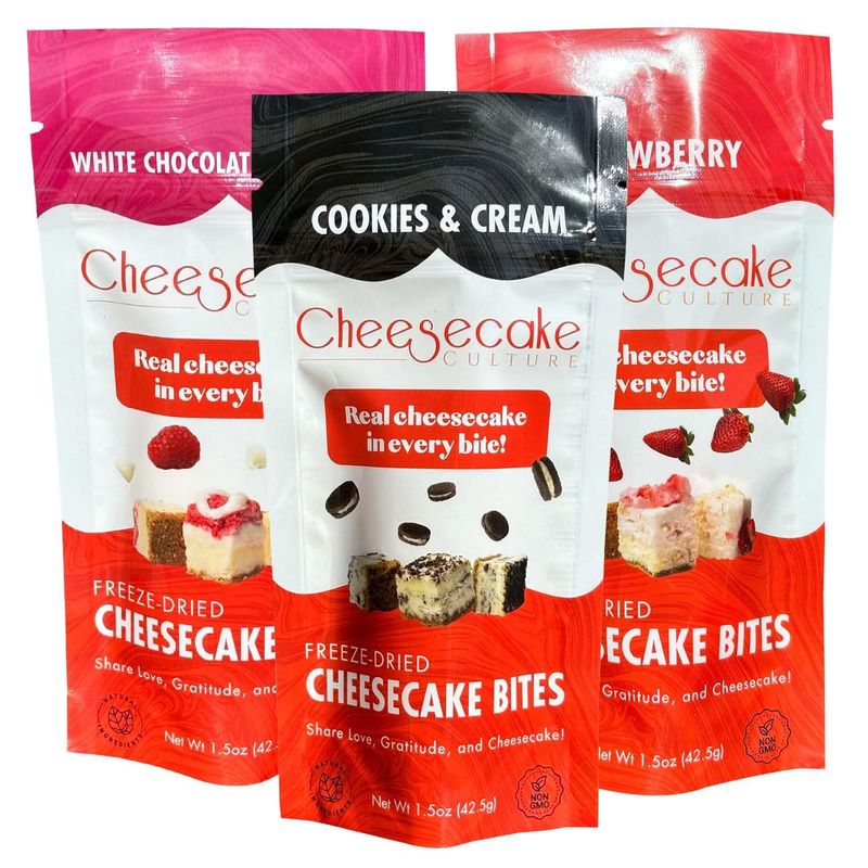 Cheesecake Culture Freeze-Dried Bites Variety Pack - White Chocolate Raspberry, Strawberry, Cookies Cream, Crunchy Snacks - 1.5oz Each 3 Pack