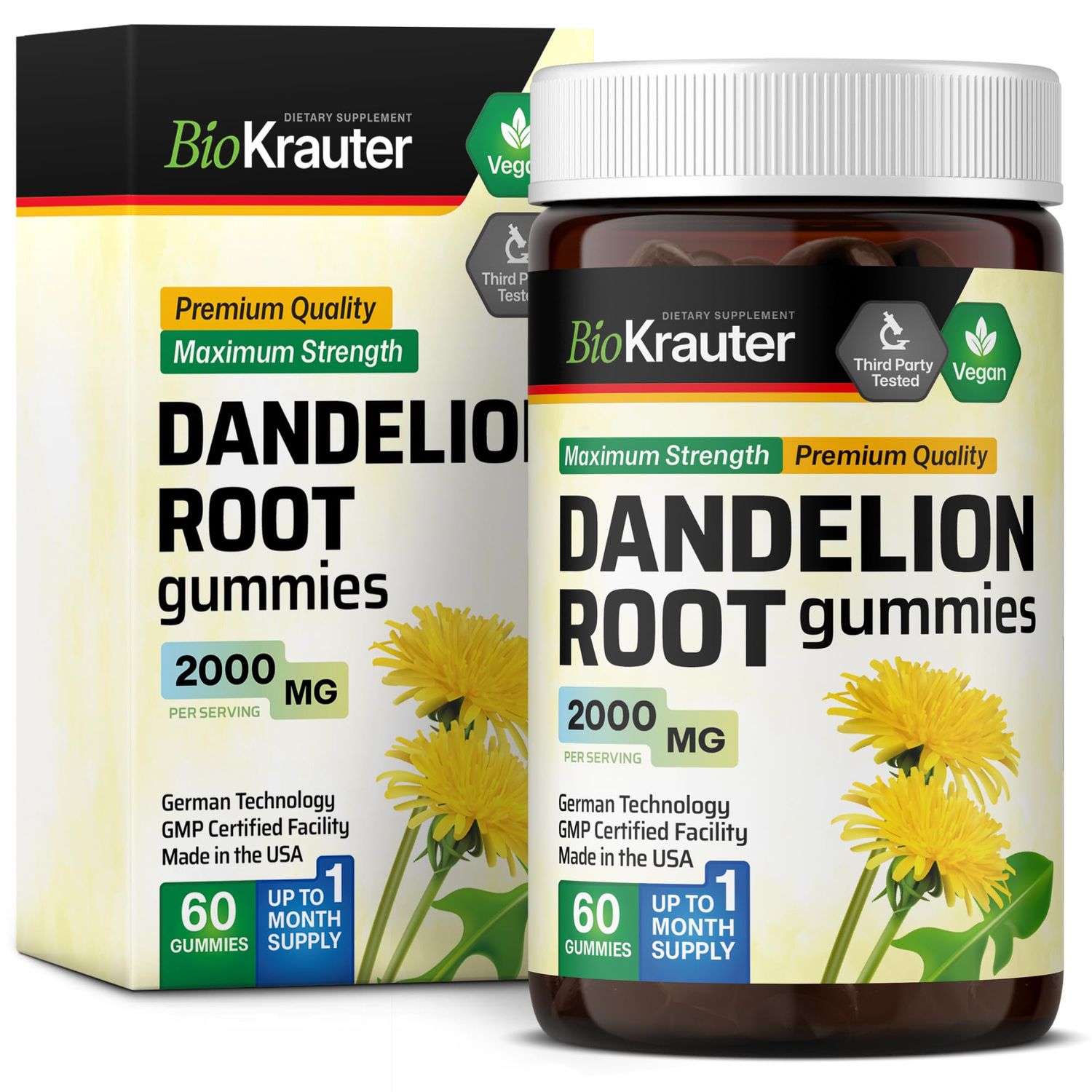 BIO KRAUTER Dandelion Root Gummies 2000 mg - 60 Dandelion Root Supplement Chews - Vegan Digestive Liver Support - Vegan, Gelatine-Free Formula