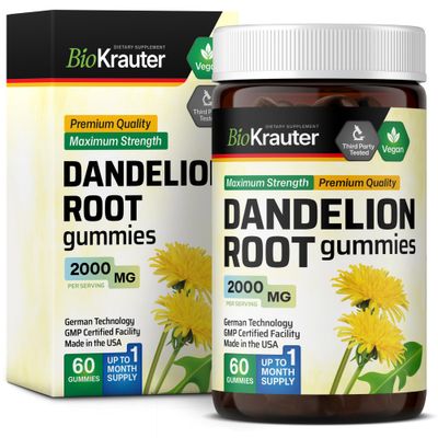 BIO KRAUTER Dandelion Root Gummies 2000 mg - 60 Dandelion Root Supplement Chews - Vegan Digestive Liver Support - Vegan, Gelatine-Free Formula