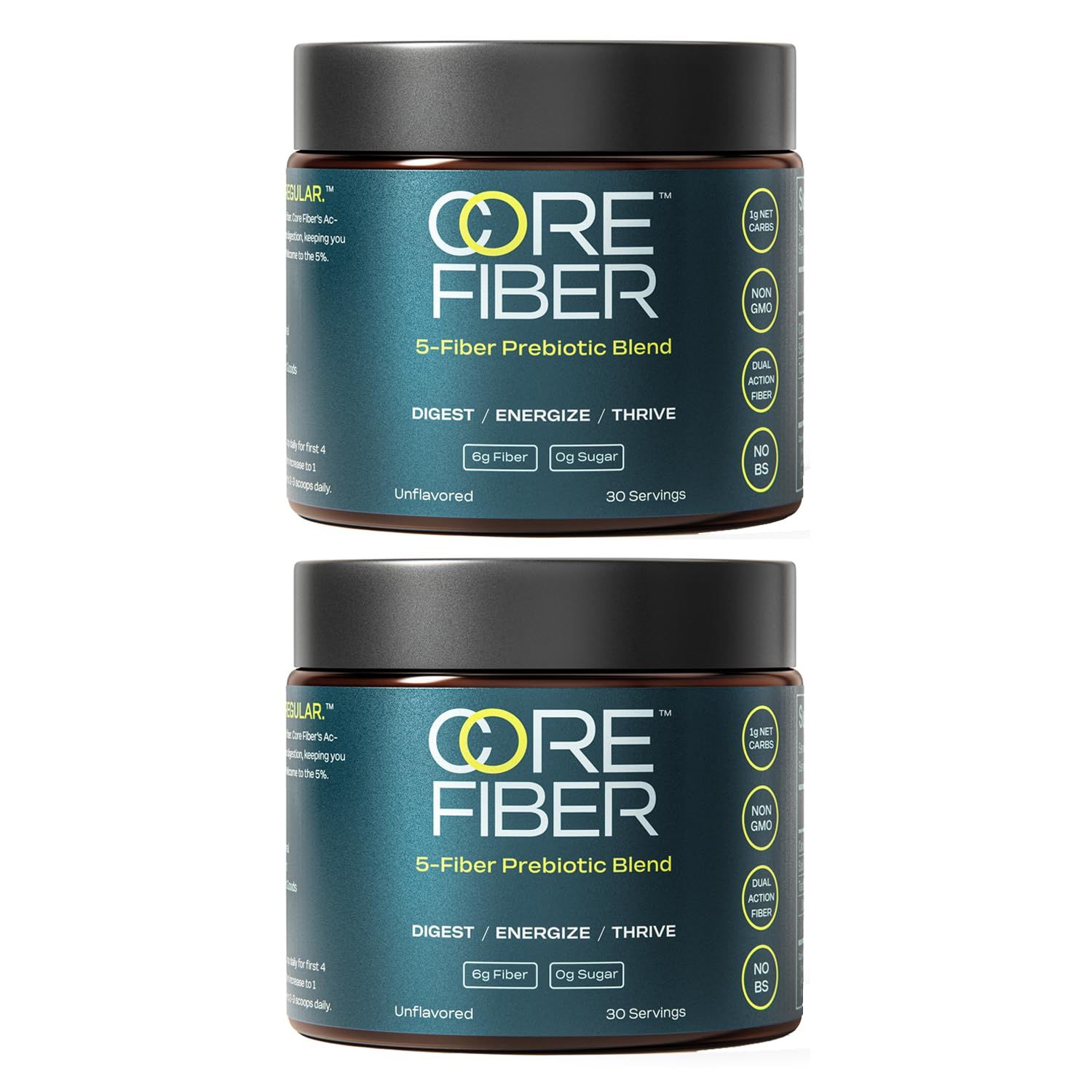 Fiber Powder Supplement with 5 Strains - Daily Prebiotic Blend - Supports Gut Health, Bloating, Regular Digestion Sustained Energy - 6g Fiber per Serving, Unflavored - 30 Servings 2-Pack