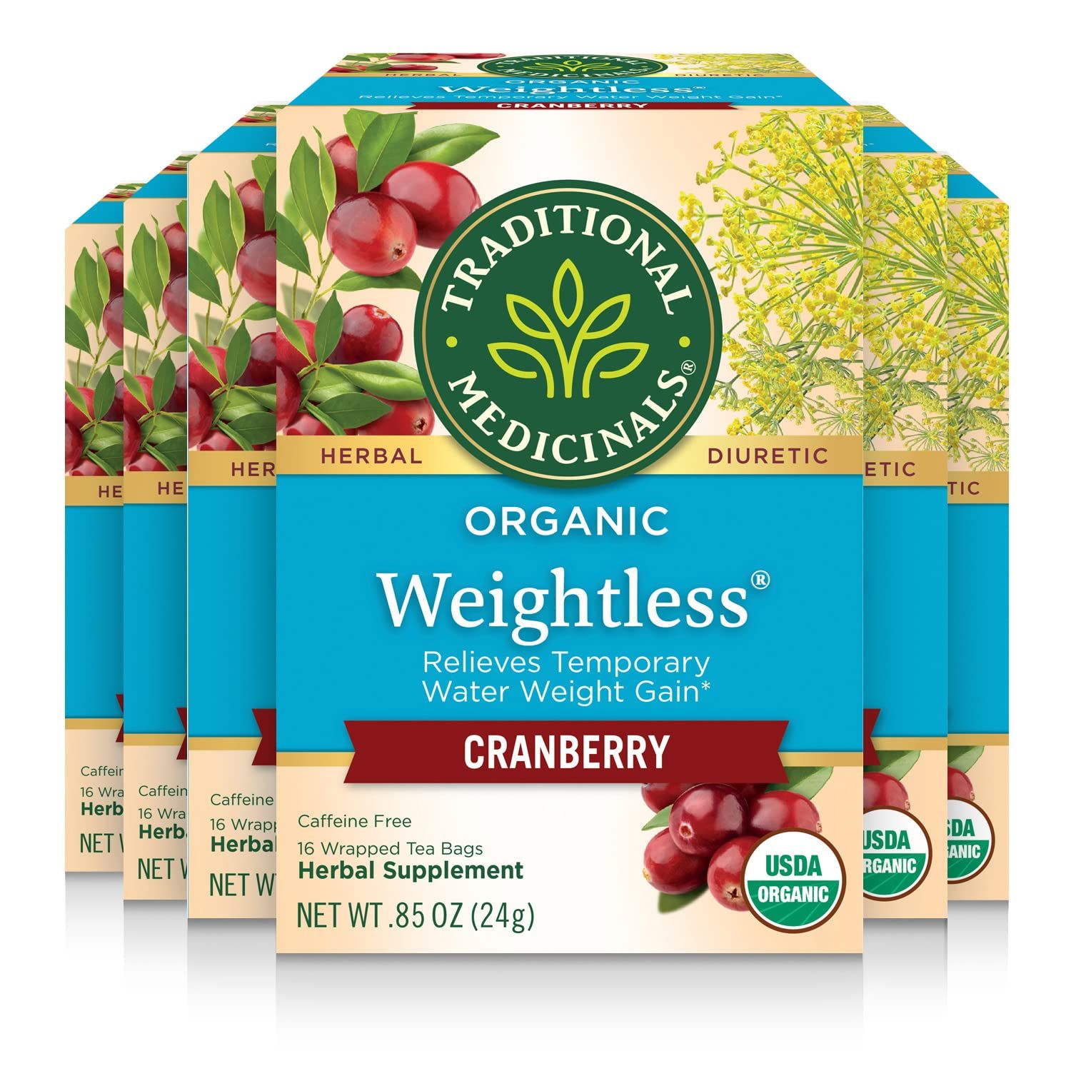 Traditional Medicinals Tea, Organic Weightless, Relieves Temporary Water Weight Gain, Cranberry, 96 Tea Bags 6 Pack