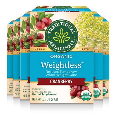 Traditional Medicinals Tea, Organic Weightless, Relieves Temporary Water Weight Gain, Cranberry, 96 Tea Bags 6 Pack