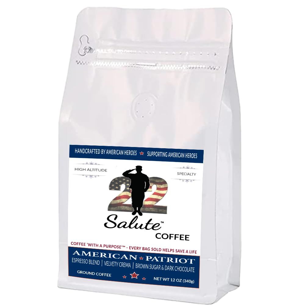 22 Salute American Patriot Espresso Ground Coffee Blend, Dark Roast, 100 Specialty Arabica Coffee With Dark Chocolate Brown Sugar Flavor Notes, 12oz Bag