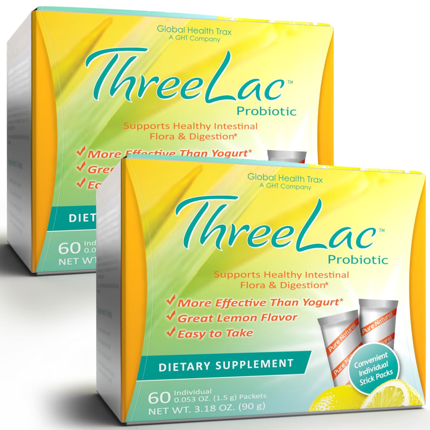 Global Health Trax ThreeLac Lemon Probiotic Drink Mix for Digestive Health - Advanced Probiotic Powder Formula for Men, Women, and Kids - Immune Support Gut Balance, Non-GMO - 120 Packets