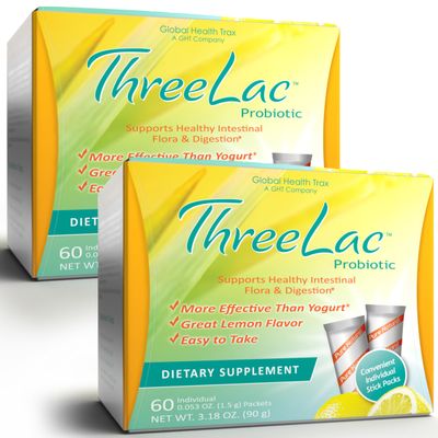 Global Health Trax ThreeLac Lemon Probiotic Drink Mix for Digestive Health - Advanced Probiotic Powder Formula for Men, Women, and Kids - Immune Support Gut Balance, Non-GMO - 120 Packets