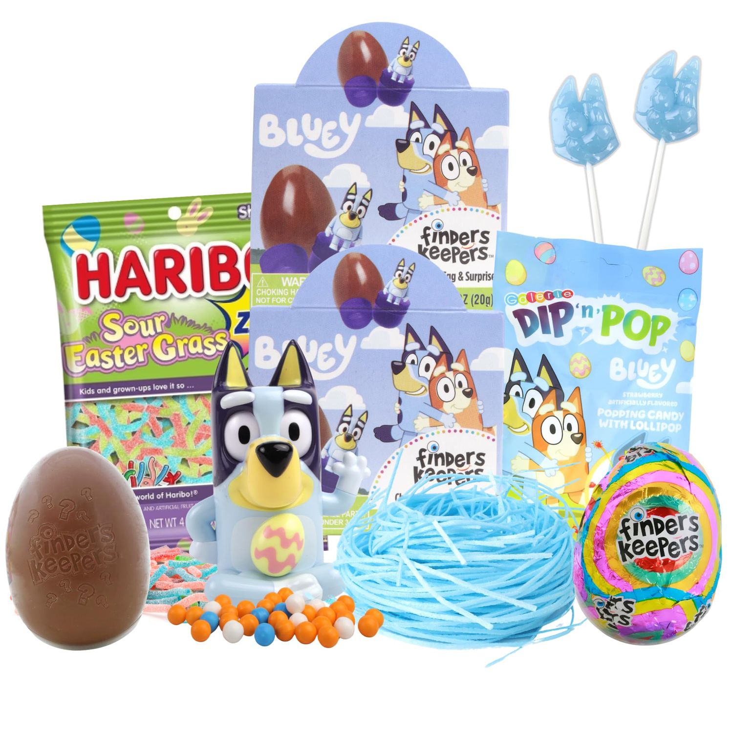 2025 Blue Easter Basket Stuffers, Candy Dispenser, Edible Grass, Finders Keepers Chocolate Eggs, and Lollipops, 6 Items