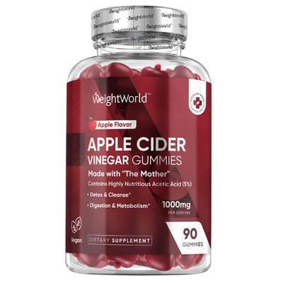 WeightWorld Apple Cider Vinegar Gummies 1000mg - 90 Vegan Gummies - 45 Days Supply - Enriched with Vitamin C, B6, B12, B9 Folic Acid for Digestion, Metabolism, Detox Cleanse - Gelatin-Free