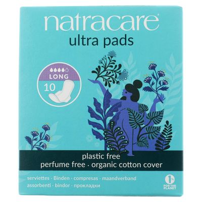 Natracare Slim Fitting Ultra Pads with Wings, Long, Made with Certified Organic Cotton, Ecologically Certified Cellulose Pulp and Plant Starch 12 Pack, 120 Pads Total