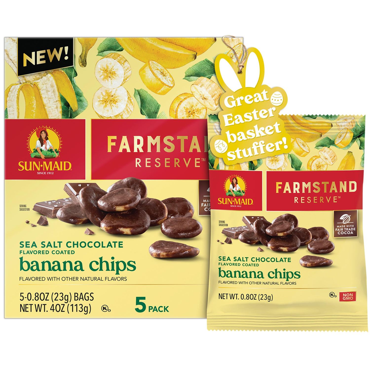Sun-Maid Farmstand Reserve Sea Salt Chocolate Coated Banana Chips - 5 Count Box - 0.8 oz Snack Bag
