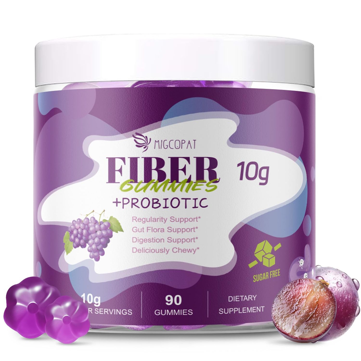 Migcopat 10G Fiber Gummies for Adults, No Sugar Added Grape Flavor, Fiber Supplement with 30 Billion CFU Probiotics Blend, ACV, Vitamin C, Inulin, Support Digestive Health, 90 Count