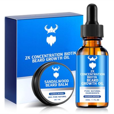 Beard Growth Oil Beard Balm - Beard Growth Kit with 2X Concentration Biotin for Men, Natural Ingredients with Argan Oil, Jojoba Oil and Vitamin Sandalwood