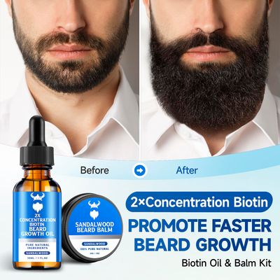 Beard Growth Oil Beard Balm - Beard Growth Kit with 2X Concentration Biotin for Men, Natural Ingredients with Argan Oil, Jojoba Oil and Vitamin Sandalwood