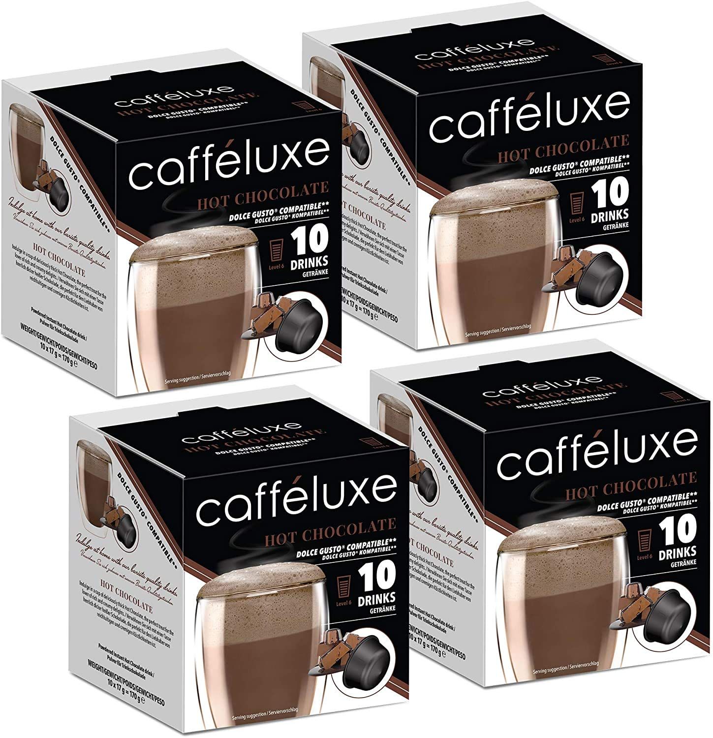 Caffeluxe 40 Coffee Pods Dolce Gusto Compatible Capsules Smooth Milk hot chocolate capsules 40 servings