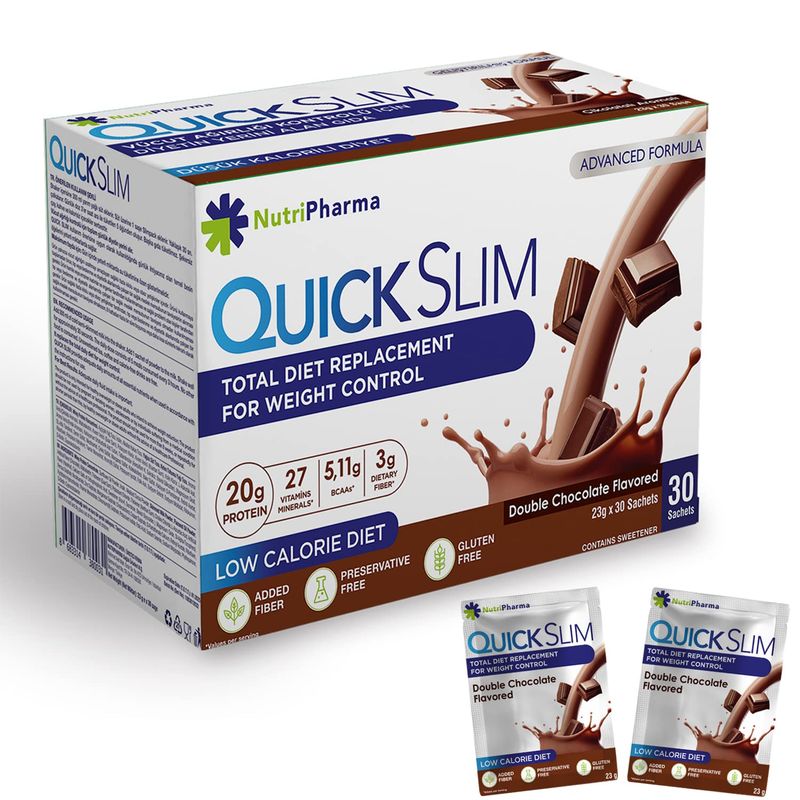 Quick Slim Meal Replacement Shake for Weight Loss, 30 Servings, 20g Protein, 27 Vitamins Minerals, Dietary Fiber, Low Carb, Gluten Free Double Chocolate, 30 Sachets