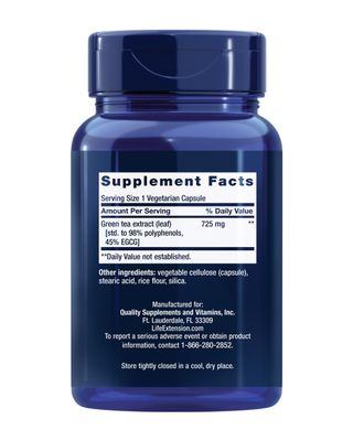 Life Extension Lightly Caffeinated Mega Green Tea Extract, Camellia sinensis Extract with Concentrated EGCG polyphenol Content, Gluten-Free, Non-GMO, Vegetarian, 100 Capsules