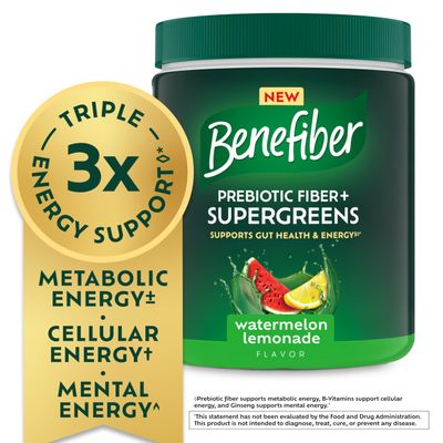 Benefiber Prebiotic Fiber Supergreens Dietary Supplement Powder, Watermelon Lemonade Flavor, 8.8 oz 250g, 25 Day Supply