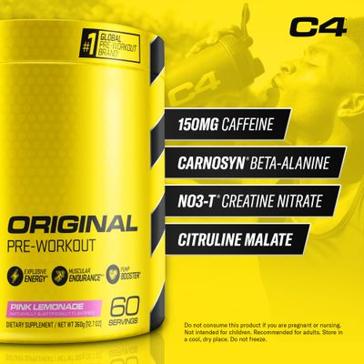 Cellucor C4 Original Pre Workout Powder Pink Lemonade Vitamin C for Immune Support Sugar Free Preworkout Energy for Men Women 150mg Caffeine Beta Alanine Creatine 60 Servings