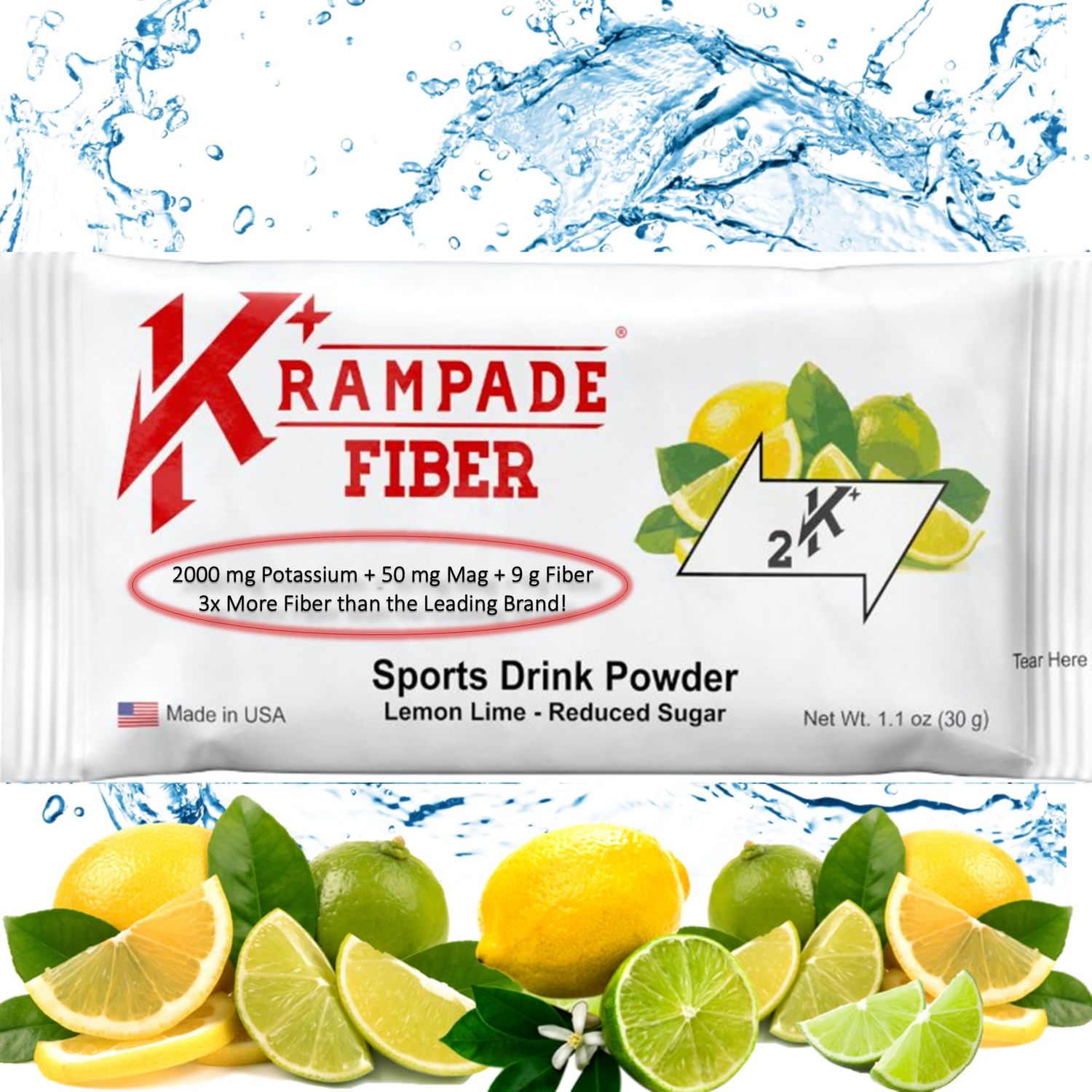 Krampade Fiber Supplement Electrolytes Powder - 9g Prebiotic Fiber 2000mg Potassium Supplement Magnesium Cramp Relief Hydration Packets Digestive Health Support