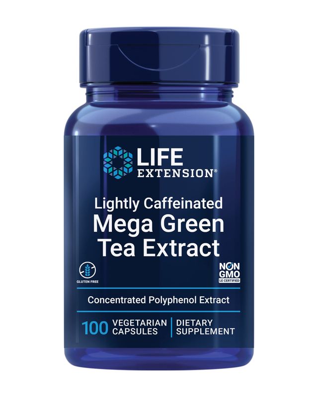 Life Extension Lightly Caffeinated Mega Green Tea Extract, Camellia sinensis Extract with Concentrated EGCG polyphenol Content, Gluten-Free, Non-GMO, Vegetarian, 100 Capsules