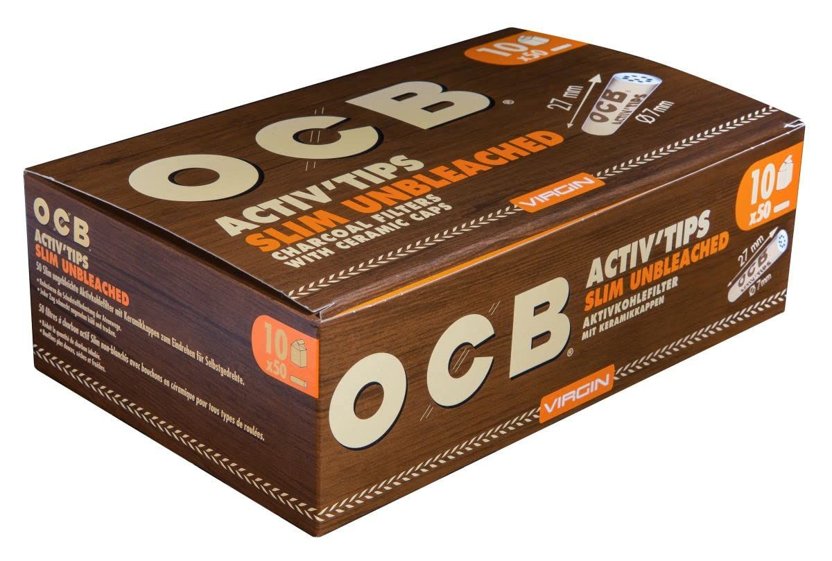 OCB 18657 ActivTips Slim Unbleached 7 mm Virgin Activated Carbon Filter with Ceramic Caps 10 x 50 500 Pieces Paper