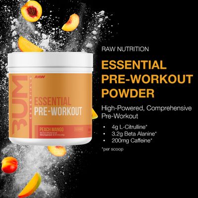 RAW Nutrition - Essential Pre - Chris Bumstead Pre Workout Formula, Sports Nutrition Pre-Workout Powders Men & Womens Drink, Energy Powder for Working Out (Peach Mango)