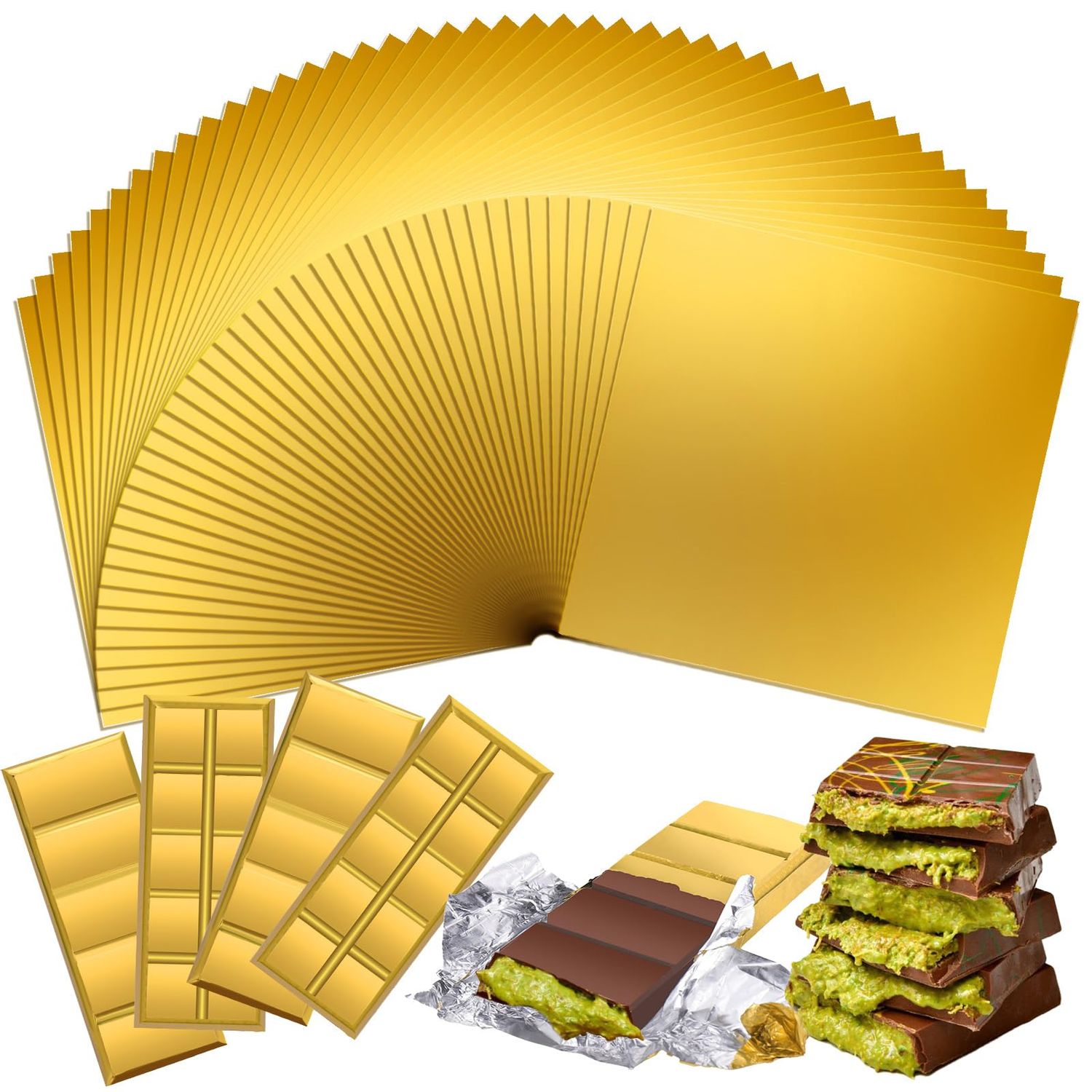 Mity rain Dubai Chocolate Bar Pistachio Wrappers Packaging, Gold Foil Sheets for Knafeh Pistachio Chocolate Bar, Candy Bar, Birthday Gifts Christmas Party Favor100pcs