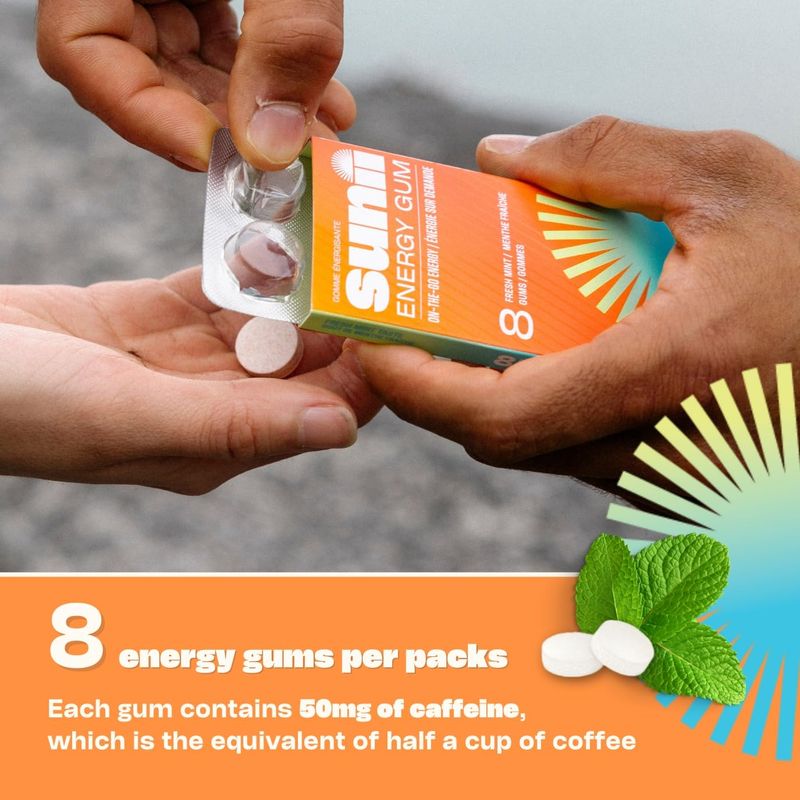 Sunii Energy Gum, NEW Quick Boost Energy Focus, 50mg Caffeine Gum 48pcs, Vitamins B6 B12, Taurine, Vegan, No Sugar, Zero Calorie Gum, Fresh Mint Taste, Faster than Energy Chews, Gels Pills