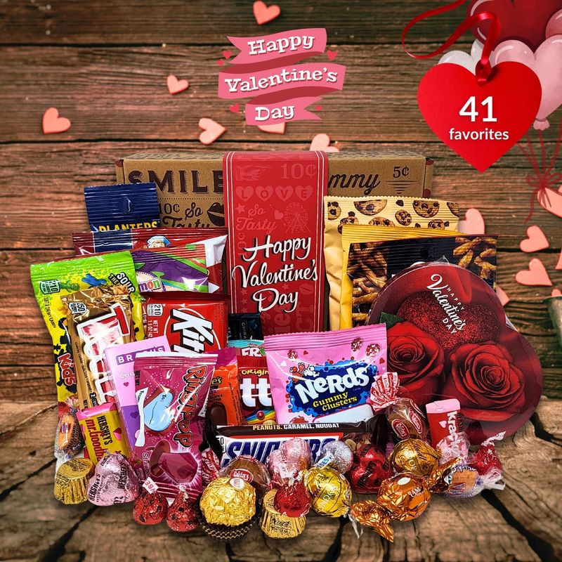 VINTAGE CANDY CO. Valentines Day 2025 Care Package - Vday Gift Basket with Chocolate Hearts, Kisses, Snacks &amp; Sweet Treats - Fun and Unique Gift Idea for Women, College Students, Men