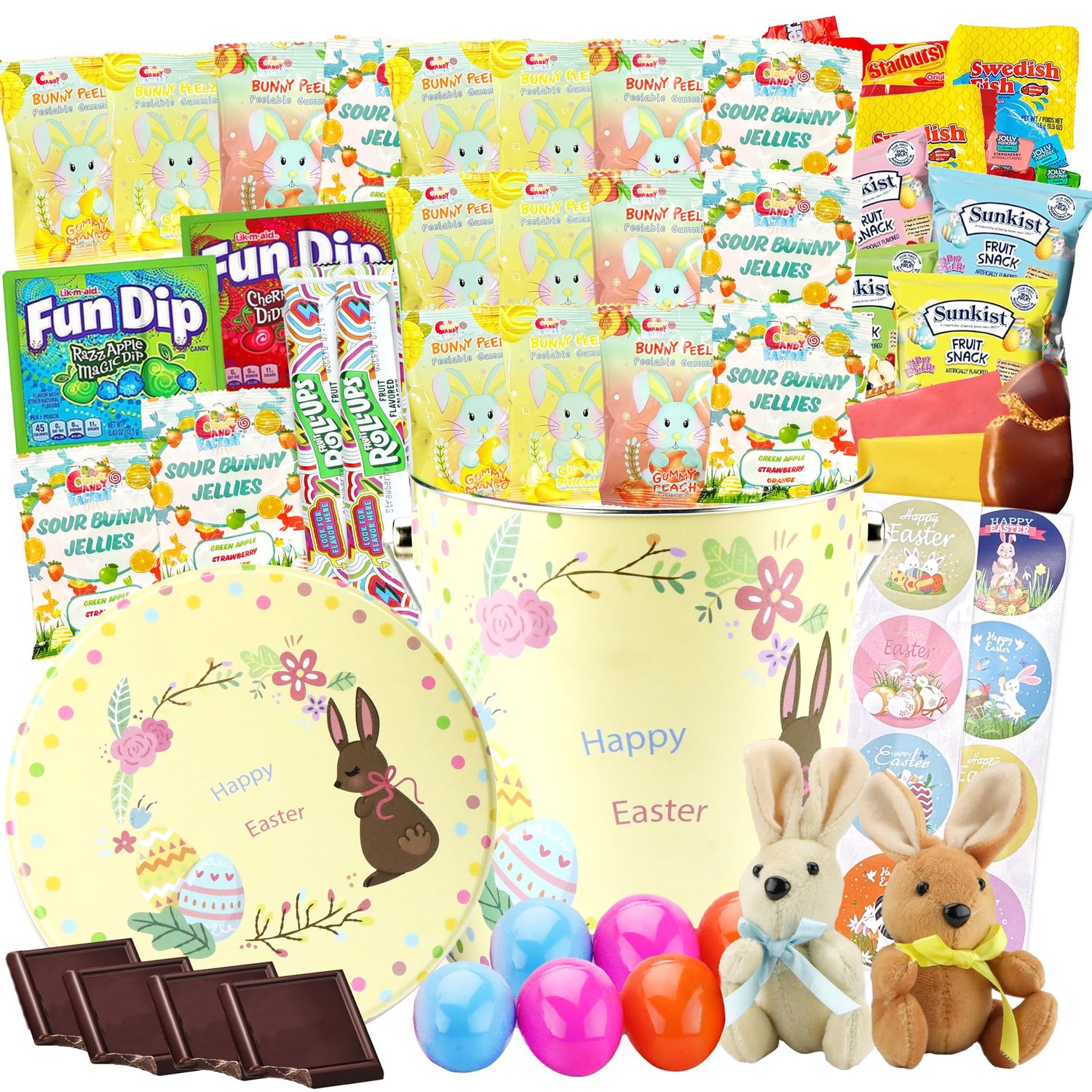 Easter Snack Yellow Tin 60 Count Filled with Candy, Peelable Gummies,Bunny and More, Great Package for Family, Friends, Boys and Girls