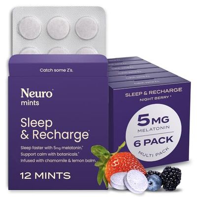Neuro Melatonin 5mg Sleep Recharge Mints 72 Pieces - Fast Dissolve Melatonin Sugar Free Mints with Lemon Balm Chamomile for Better Sleep - Calm Sleep Supplement for Adults - Night Berry Flavor