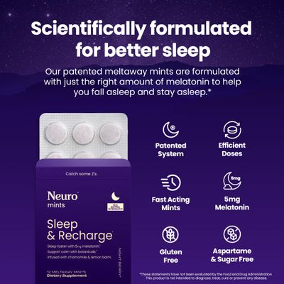 Neuro Melatonin 5mg Sleep Recharge Mints 72 Pieces - Fast Dissolve Melatonin Sugar Free Mints with Lemon Balm Chamomile for Better Sleep - Calm Sleep Supplement for Adults - Night Berry Flavor