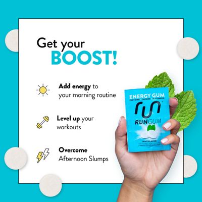 RUN GUM Mint Energy Gum 50mg Caffeine Taurine B-Vitamins Per Piece, 24 Pieces Pack of 12, 2 Pieces 1 coffee or Energy drink, Sugar Free, Zero Calorie
