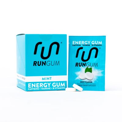 RUN GUM Mint Energy Gum 50mg Caffeine Taurine B-Vitamins Per Piece, 24 Pieces Pack of 12, 2 Pieces 1 coffee or Energy drink, Sugar Free, Zero Calorie
