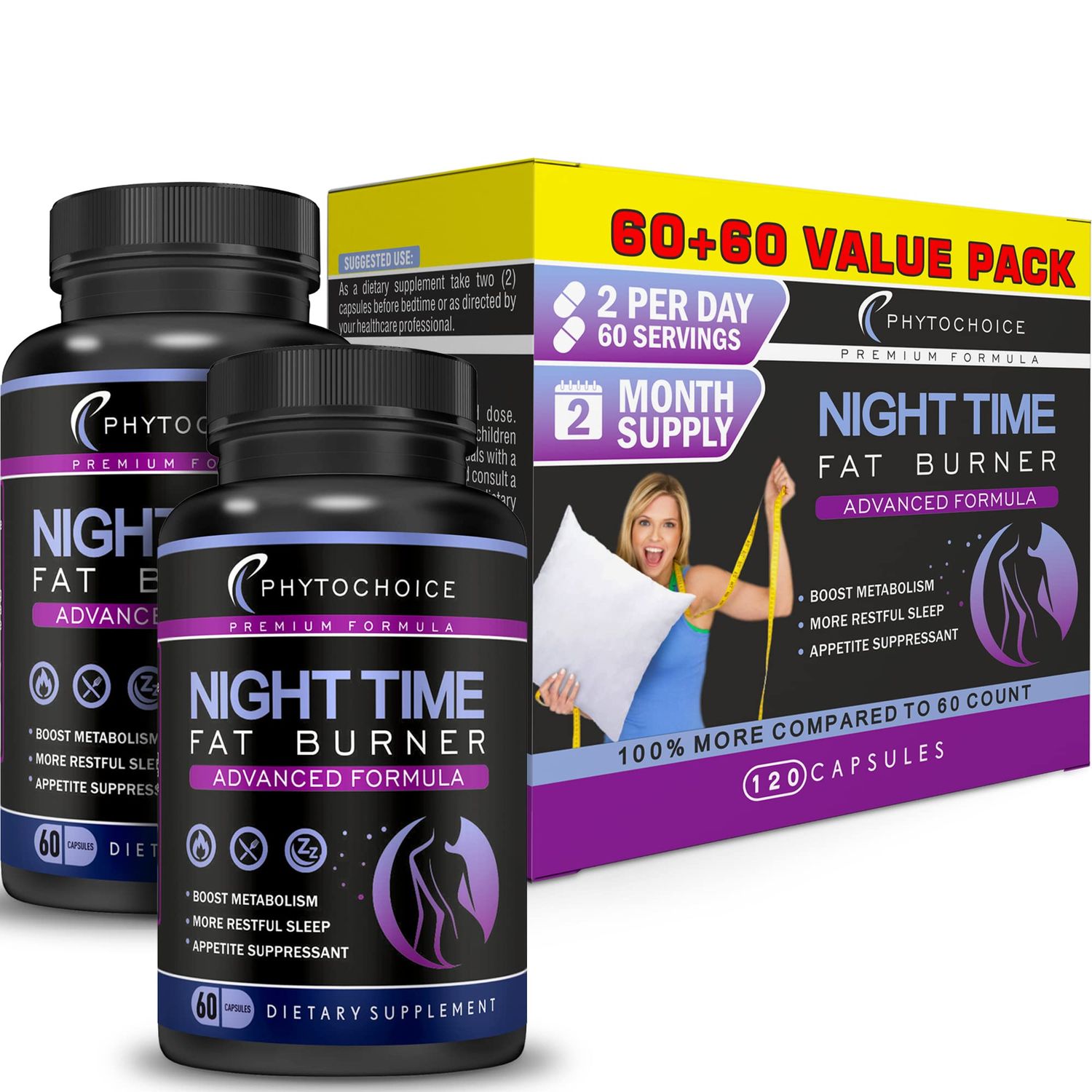 Night Time Weight Loss Pills for Women-Carb Blocker Appetite Suppressant with Melatonin-Fat Burner Diet Pills that Work Fast for Women-Nighttime Metabolism Booster-Overnight Fat Burning Pills-2 Pack