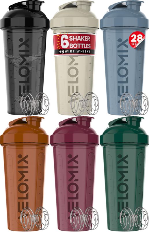 VELOMIX -6 PACK- Shaker Cups for Protein Shakes 28 oz - 6x Wire Whisk  Leak Proof Protein Shaker Bottle for Protein Shakes, Shaker Bottle Pack for Pre &amp; Post Workout, Shaker Cup