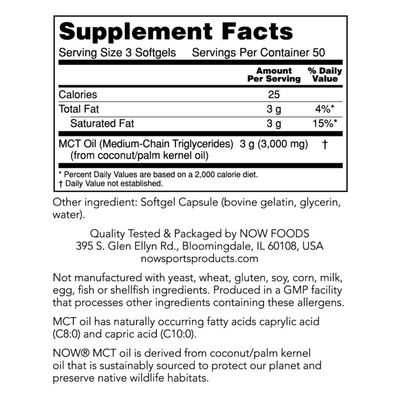 NOW Foods Sports Nutrition, MCT Medium-chain triglycerides Oil 1,000 mg, Weight Management, 150 Softgels