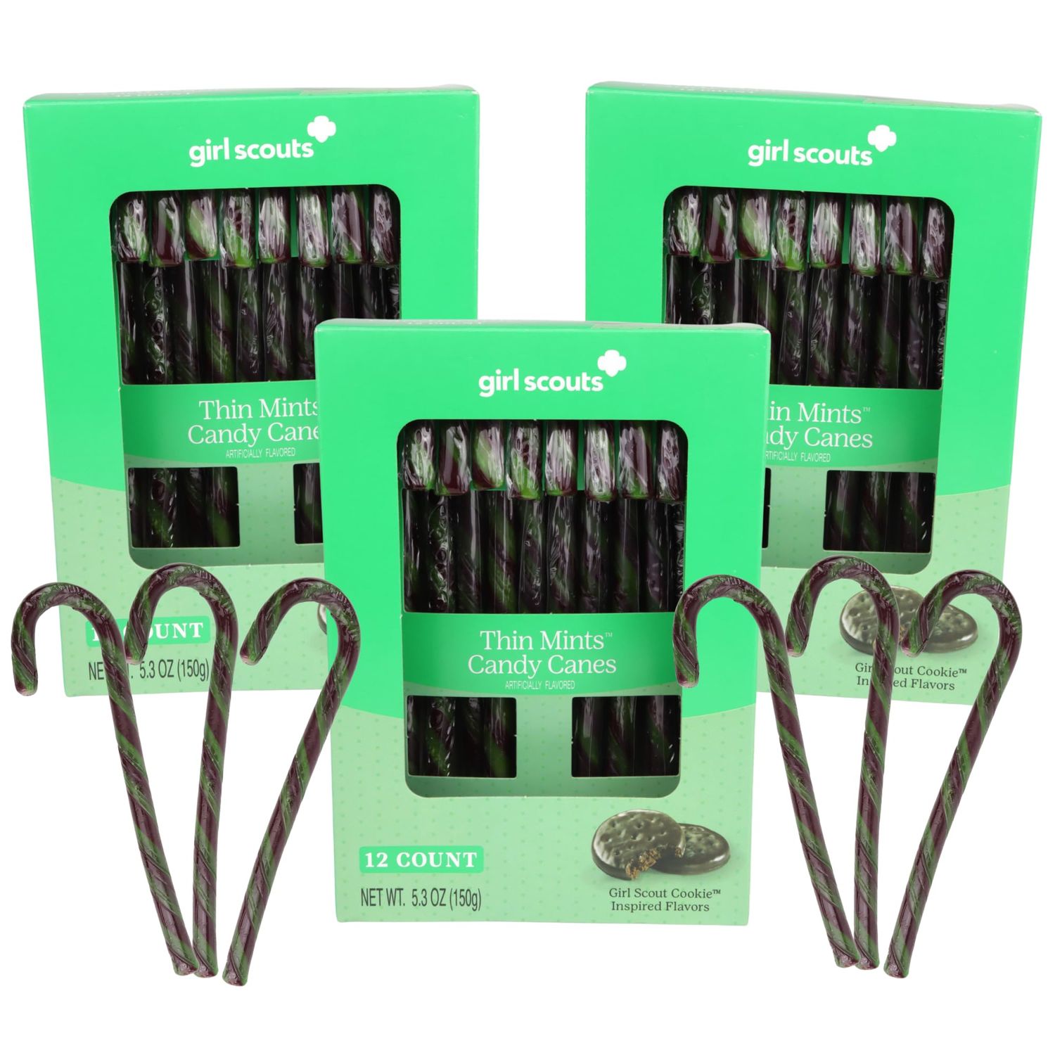 Girl Scout Thin Mint Candy Canes, Individually Wrapped Christmas Candies, Stocking Stuffer Gifts, 12 Count per Box-24 Total Pack of 3