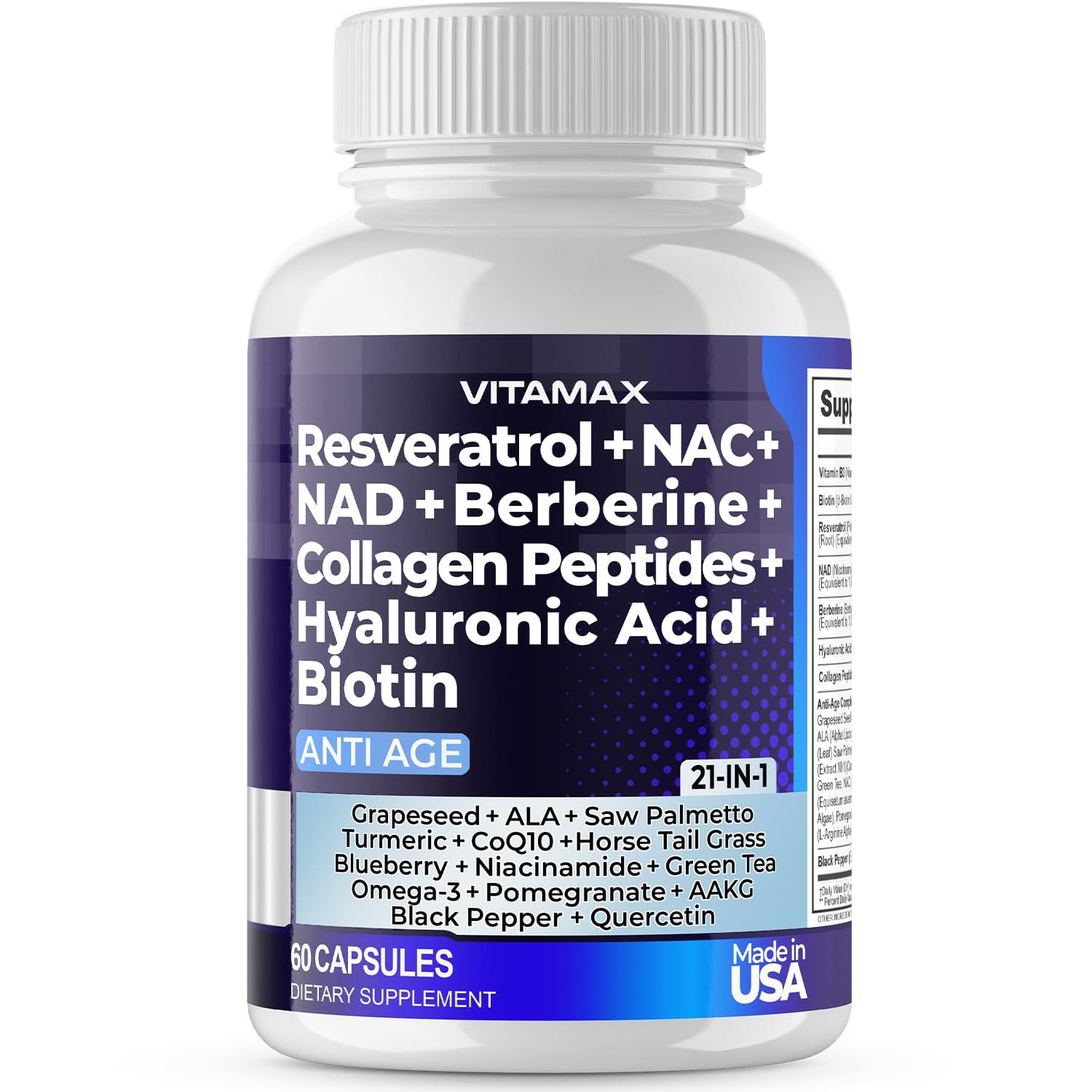 Resveratrol NAD Berberine Hyaluronic Acid - Biotin Grape Blueberry NAC - Collagen Peptides - Hair, Nail, Skin Joint Supplement - 21-in-1 Women and Men - Made in USA 60 Count Pack of 1